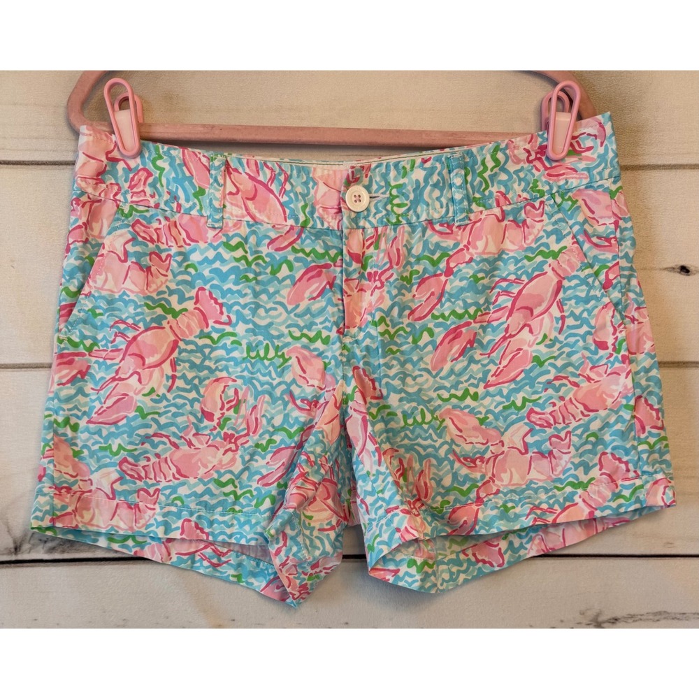 Lilly Pulitzer Callahan Shorts Pink Lobster Blue Wave Print Cotton Size 10